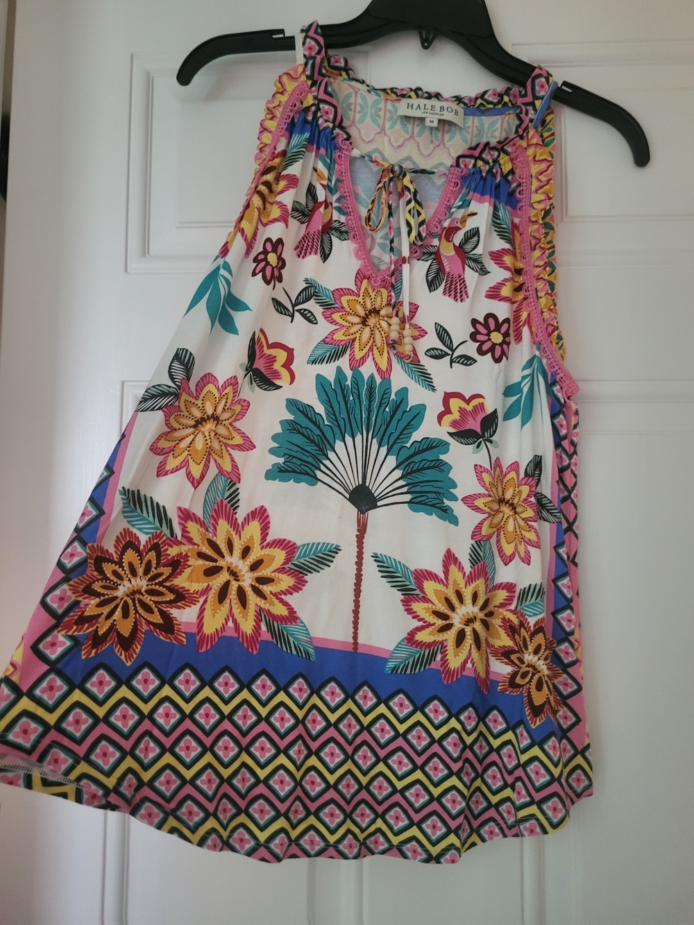 Hale Bob White Floral Printed Tie-Neck Tank with Teal, Yellow & Pink
